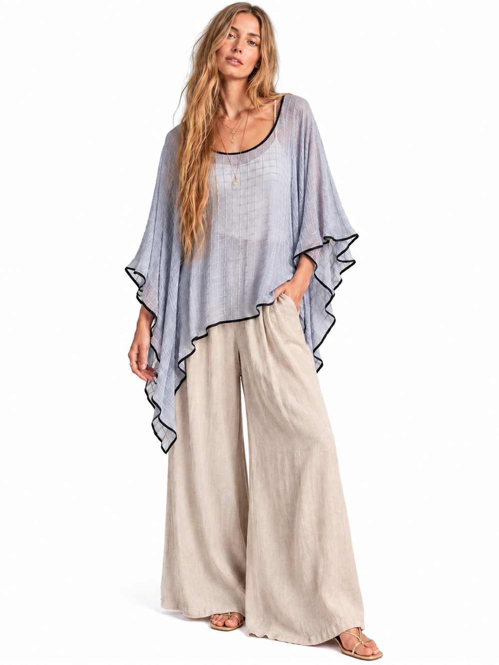 2 Chic Gray Textured Sheer Poncho Cape Top Black Trim Batwing Oversized